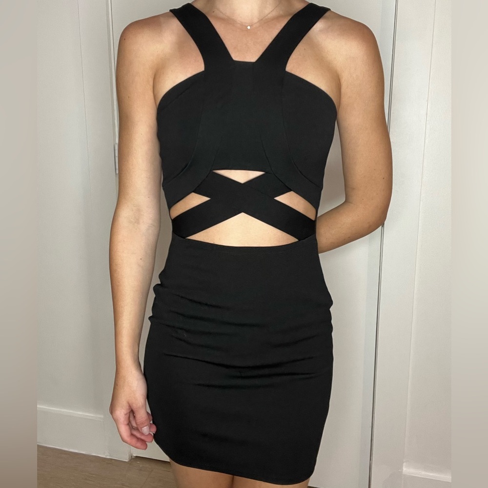 Black tight shirt dress with opening in the front